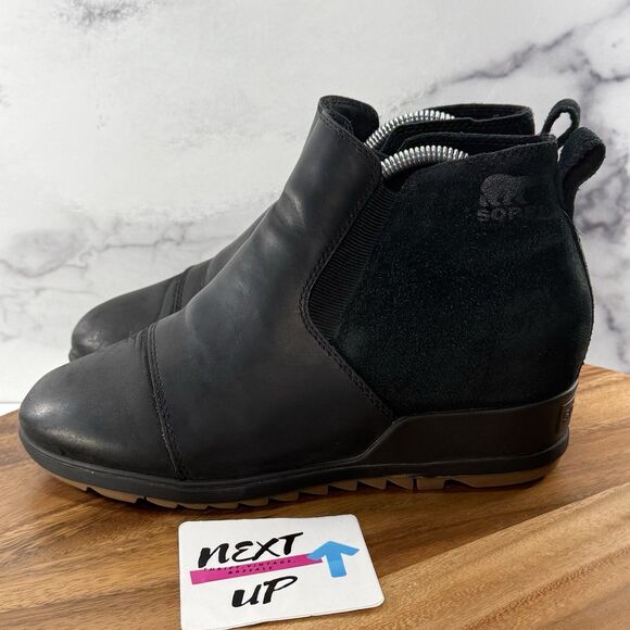 Women's Size 9-Sorel Evie Ankle Bootie Black Pull On Wedge Waterproof Fall Boots - Picture 1 of 9